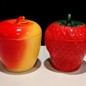 Apple and Strawberry Painted Milk Glass Jam Pots - Set of 2